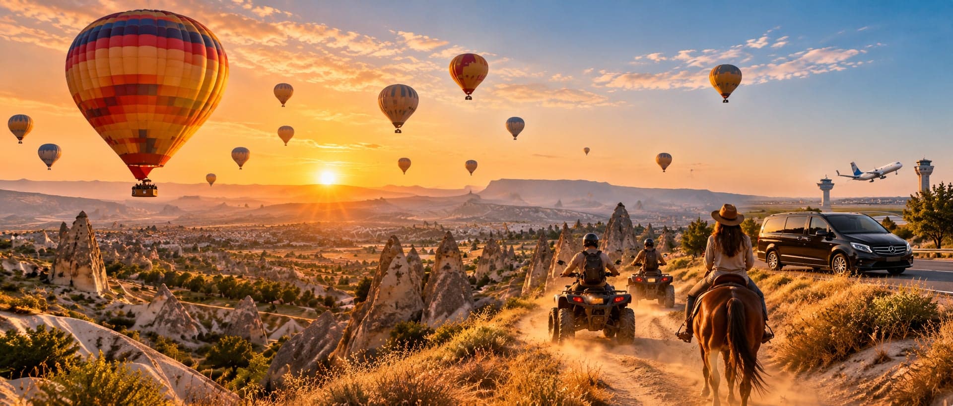 Hot air balloons at sunrise over Cappadocia, with ATV and horseback riders and an airport transfer van